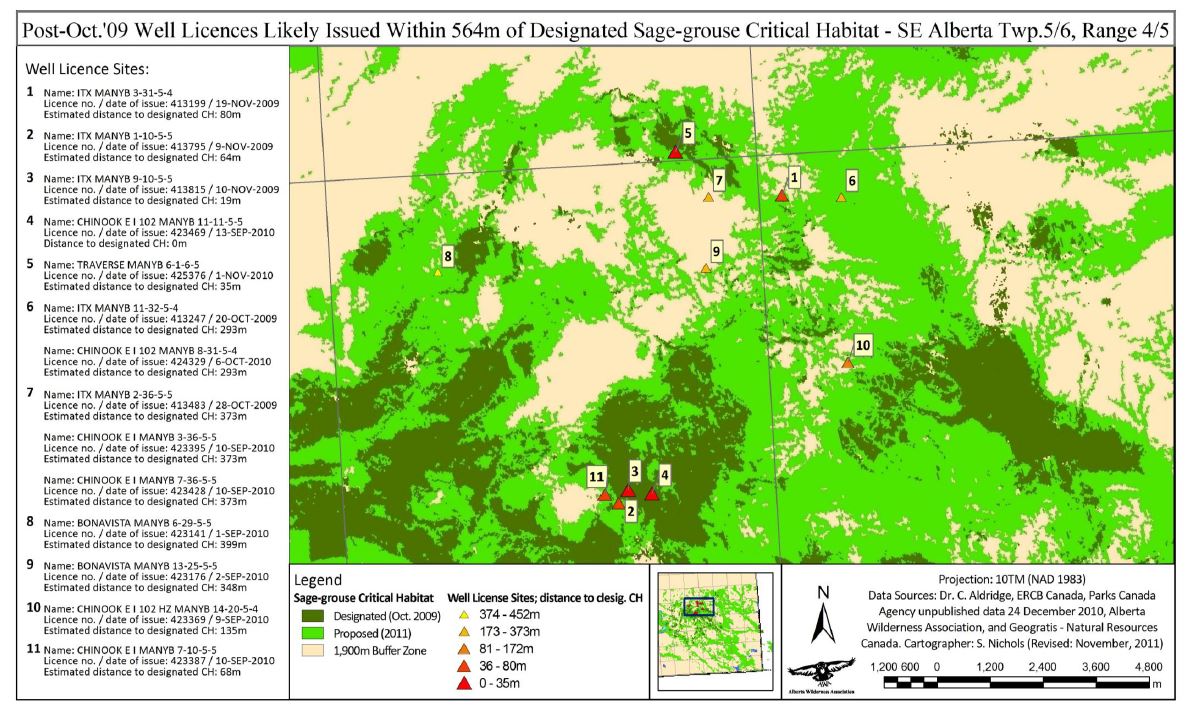 Well licenses likely issued within 546 m of designated sage-grouse critical habitat