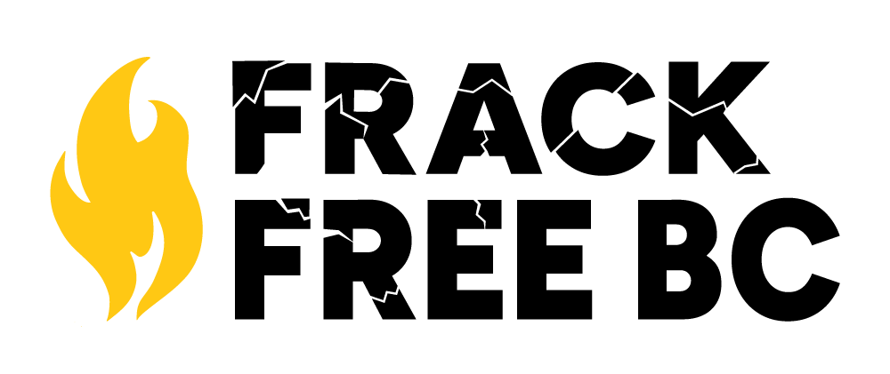 A logo with an yellow fire and text that says "Frack Free BC". End of image description.