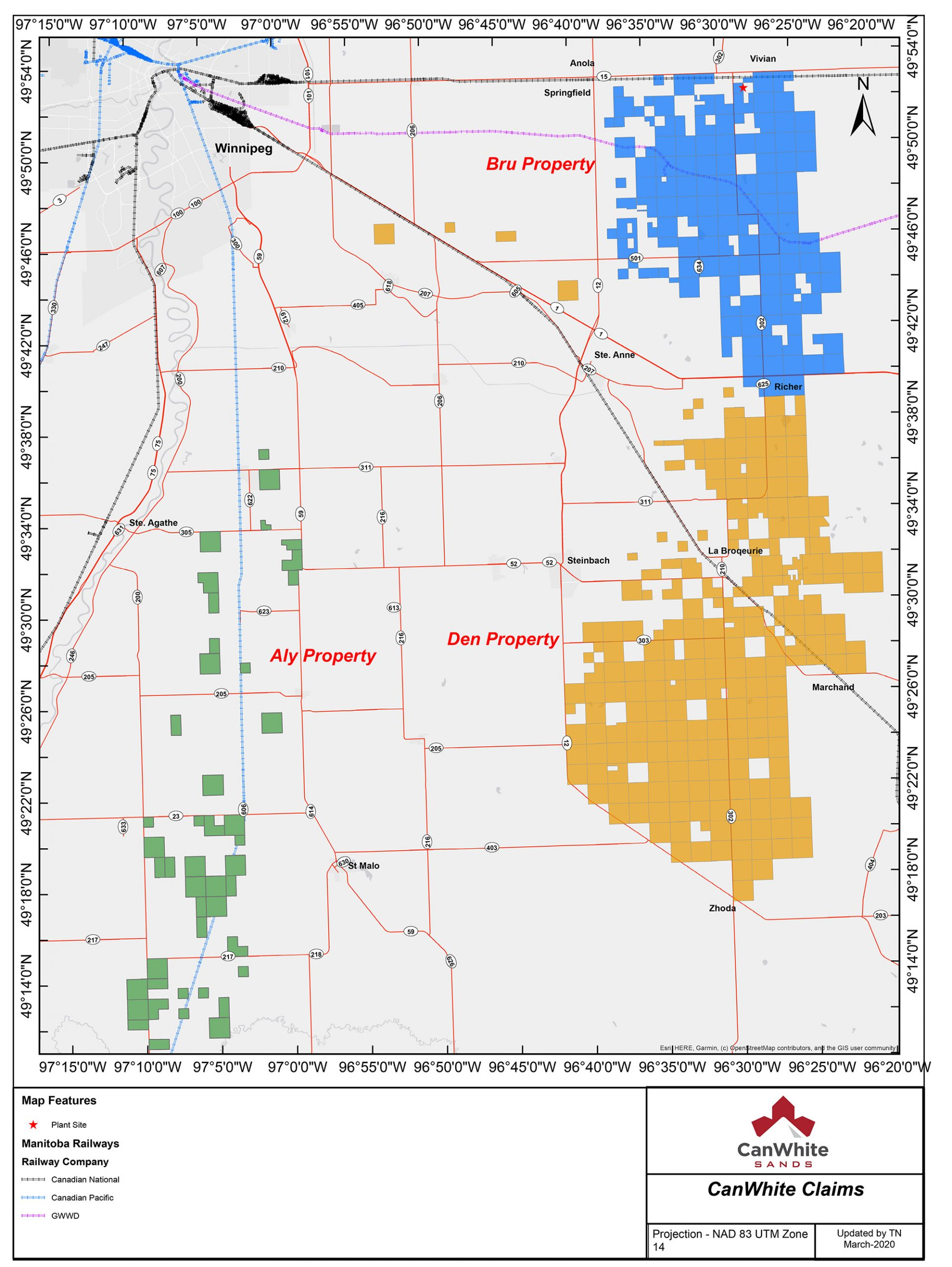 The silica sand is advertised as coming from three "properties," all in Manitoba. the Bru, Den and Aly properties. Bru: 68,008 acres,122 Claims Den: 119,560 acres, 209 Claims Aly: 9,348 acres, 45 Claims Total: 196,916 acres, 376 claims (http://www.canwhitesands.com/resources/)