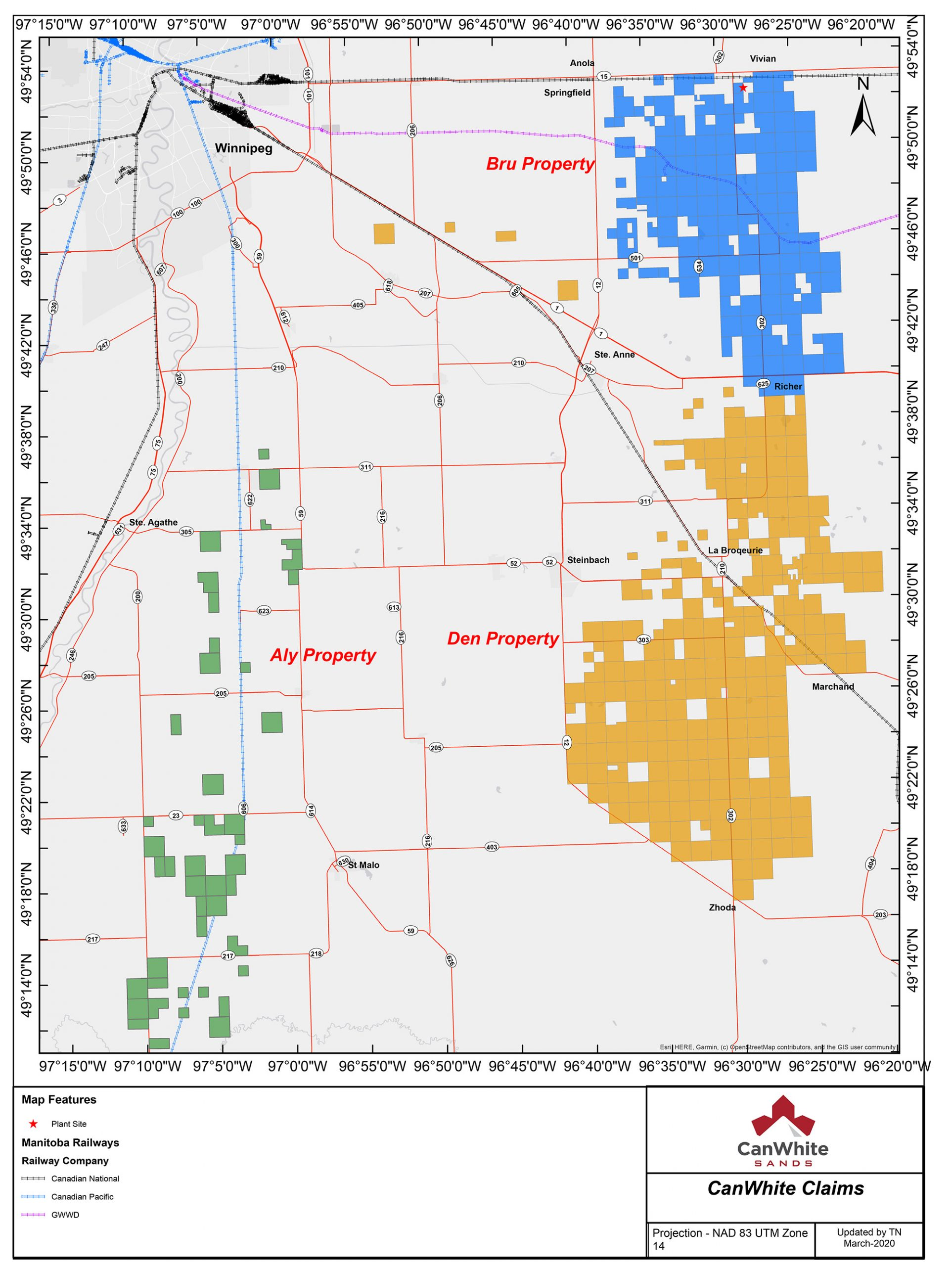 The silica sand is advertised as coming from three "properties," all in Manitoba. the Bru, Den and Aly properties. Bru: 68,008 acres,122 Claims Den: 119,560 acres, 209 Claims Aly: 9,348 acres, 45 Claims Total: 196,916 acres, 376 claims (http://www.canwhitesands.com/resources/)  