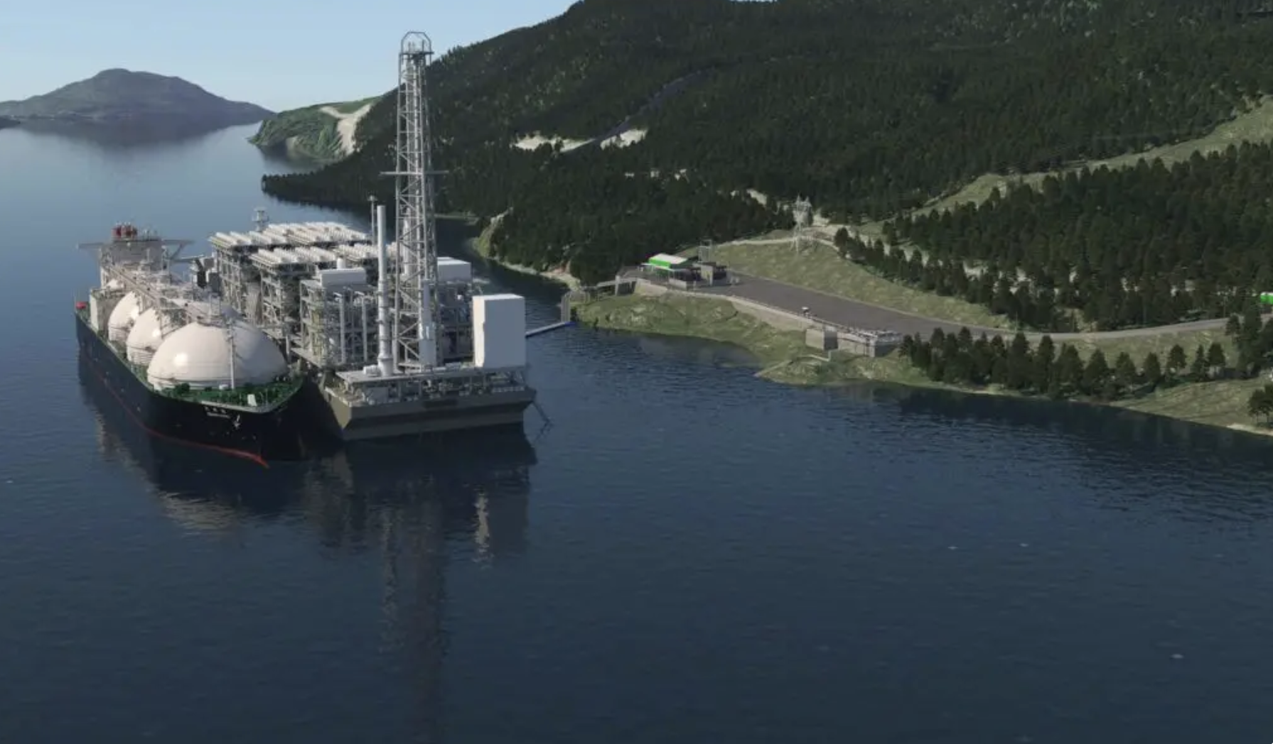 An LNG processing facility off a shore. End of image description.