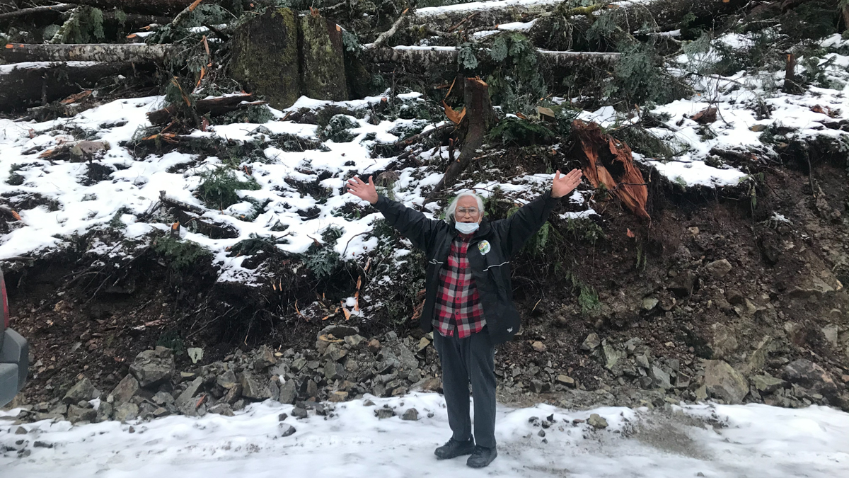 Visiting the blockades with Pacheedaht Elder, Bill Jones. This new road building into old-growth forest was stopped by forest defenders near Bugaboo Creek, December, 2020