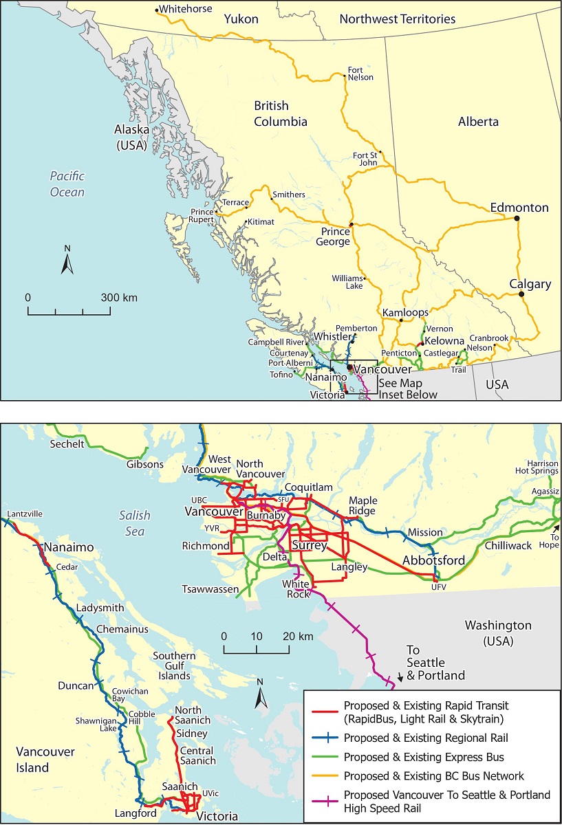 Two maps of BC. The second one zooms into the lower mainland and shows the province's future transit map. End of image description.