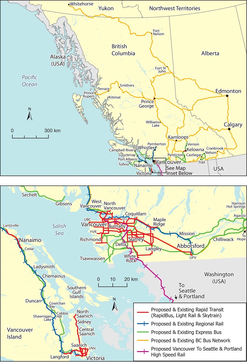 Two maps of BC. The second one zooms into the lower mainland and shows the province's future transit map. End of image description.