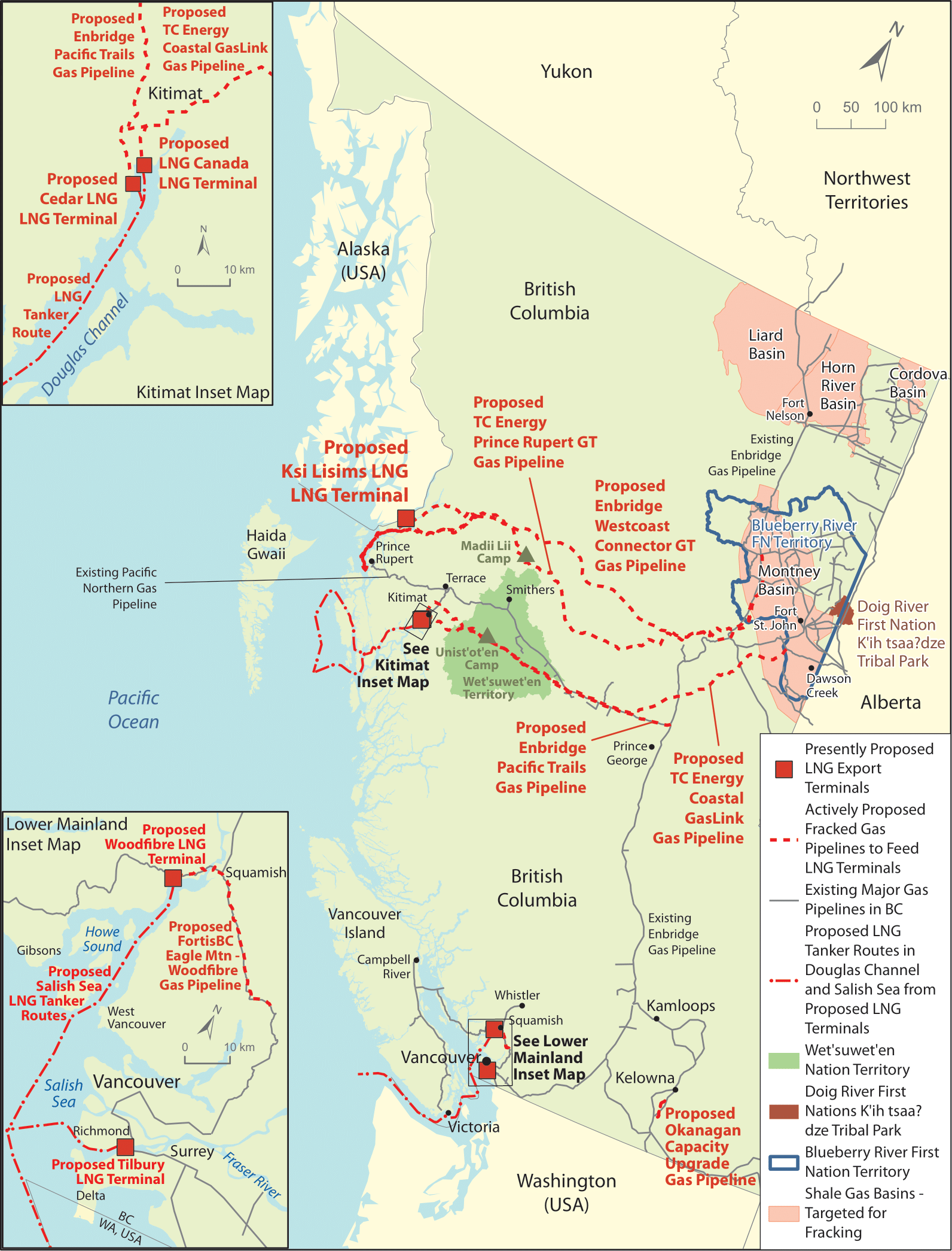 A map showing current and proposed LNG sites in BC. End of image description.