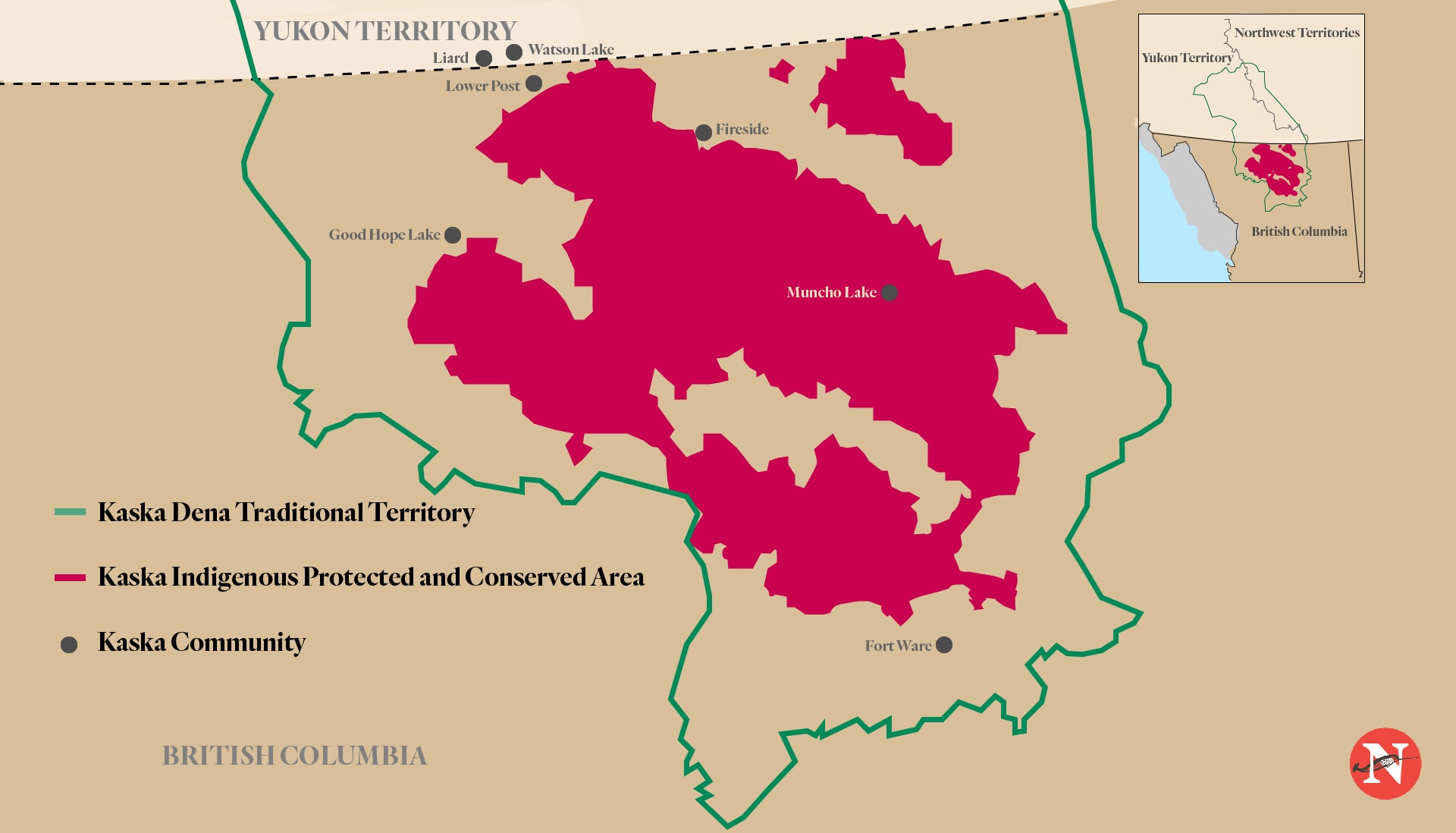 A map of the proposed the Kaska Dena's proposed protected area, ranging from BC to Yukon. End of image description.