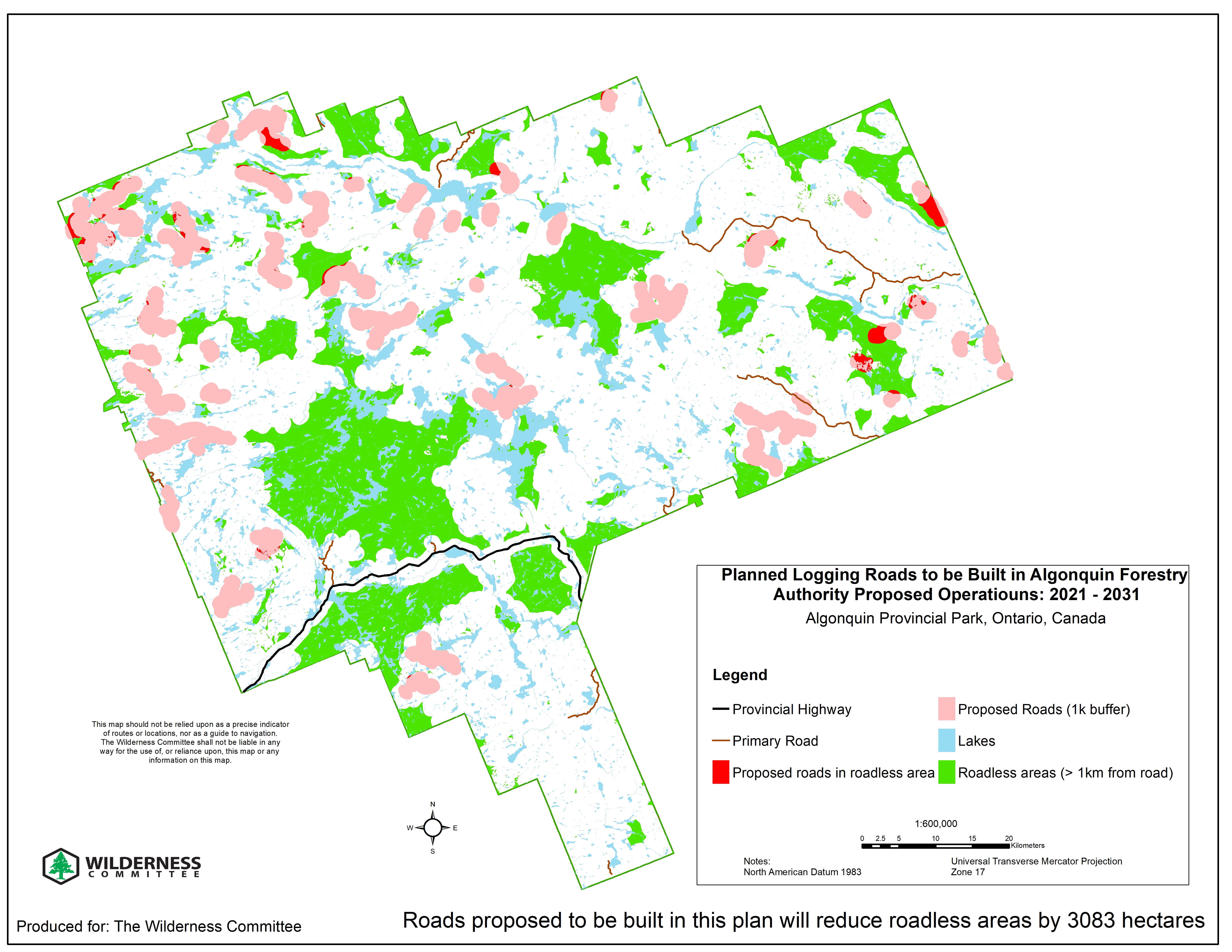 Planned logging roads to be build in Algonquin forestry authority proposed operations: 2021 - 2031