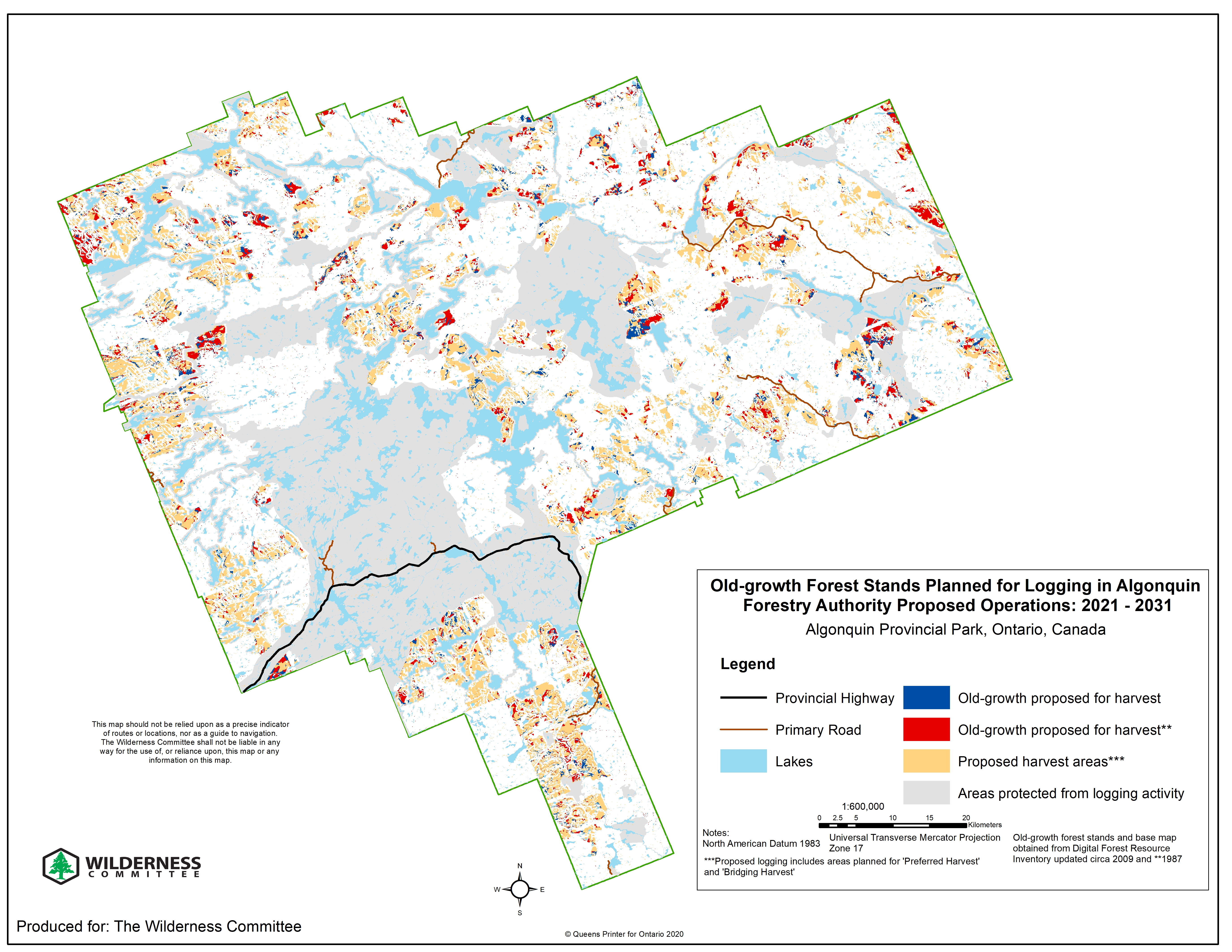 Old-growth forest stands planned for logging in Algonquin forestry authority proposed operations: 2021 - 2031