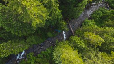 An aerial photo of 26 Mile Creek in the Donut Hole with a backpackers tent 