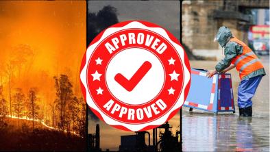 A triptych with wildfire, fossil fuel pollution, and someone dealing with a flood. Overtop in the centre a big red APPROVED seal