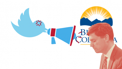 The Twitter bird tweeting through a megaphone to BC Attorney General David Eby.
