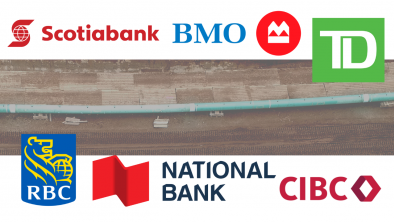 Trans Mountain pipeline constructions cuts a swath through a wooded area with the logos of the banks funding the project surrounding it.