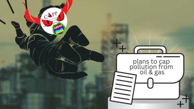 A graphic of CAPP snatching up a briefcase that says "plans to cap pollution from oil and gas". End of image description.