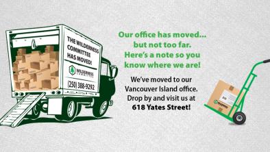 Graphic of a moving truck and dolly, with text that gives information about the Victoria office's new location. End of image description.