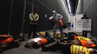 Protestors dressed as pesticide sprayer and dead pollinators. End of image description. 
