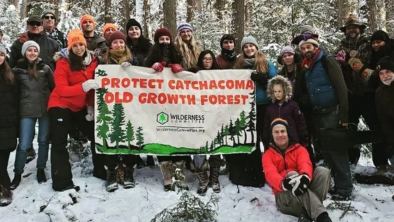 A group of people holding up a banner that says "Protect Catchacoma Old Growth Forest." End of image description.