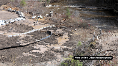 Loose dirt from the construction of the Coastal GasLink pipeline poured into Ts'elkay Kwe, a vital wetland in Wet’suwet’en territory, earlier this month. Photo credit: Citizen Monitoring Group.
