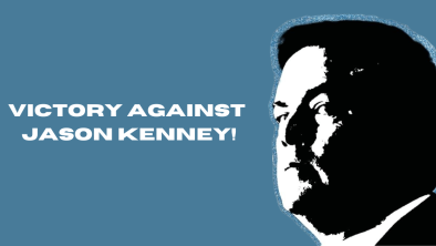A black and white photo of Jason Kenney. Text on the image says "Victory Against Jason Kenney". End of image description.