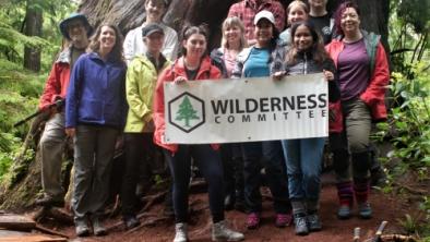 Wilderness Committee trail building crew and big old-growth cedar, Meares Island, Clayoquot Sound