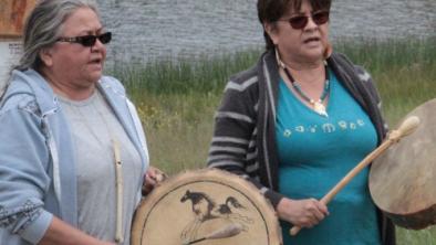 Secwépemc Nation drumming at Pipsell (Jacko Lake), near Kamloops BC.