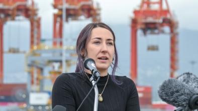 Wilderness Committee's Charlotte at news conference to oppose Delta Port expansion in the Fraser River Estuary.