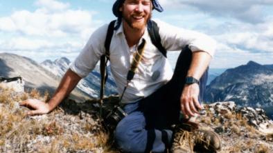 Joe Foy on ridge overlooking Brimfull Lake, Stein Valley watershed.