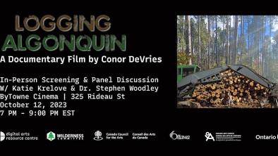 A photo of a person posing in front of logged trees and logging equipment, text over the image gives more information about the screening. End of image description. 