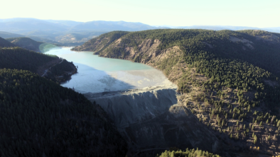 A drone shot of Copper Mountain Mine's tailings pond. End of image description.