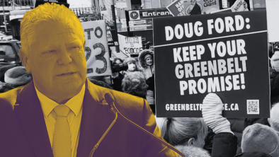 A photo of Doug Ford placed on top of signs that say "Keep your hands off the Greenbelt." End of image description.