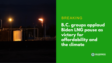A photo of a fracking operation with text on the image that says "breaking B.C. groups applaud Biden LNG pause as victory for affordability and the climate" End of image description.