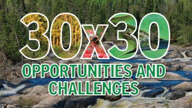 A rocky stream with text over the image that says "30 by 30, opportunities and challenges." End of image description. 