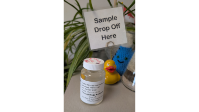 A short glass bottle with "Seine River" in marker on it's lid. it sits on a beige countertop next to a sign that says "sample drop off here". It sports a sticker that says "Microbiology testing". There is a rubber duck and an office plant in the background.