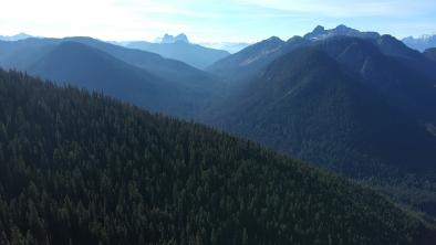 Aerial photo, a long valley zig-zags between mountain  peaks, all the way to the horizon. The mountains are covered with thick, dark green coniferous trees.