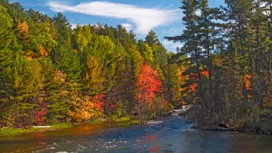 A photo showing the curve of a river as it's dark, shining water winds through a vividly colored forest full of reds, yellows and evergreens.