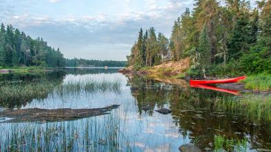 A Red canoe stands out on the bright green bank of a glass-smooth lake. The bright blue sky is reflected in the lake. The lake is surrounded by coniferous trees.