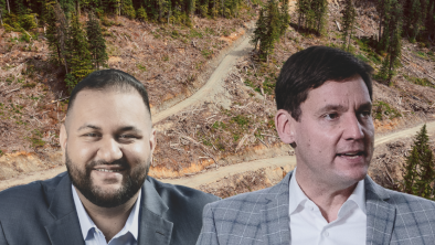 Photos: Ravi Parmar (BC NDP, CC by 2.0); David Eby (BC NDP, CC by 2.0); Clearcut forest (Agathe Bernard)