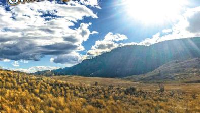 A landscape photo taken near White Lake grasslands with a bright sun on a blue sky with clouds. 