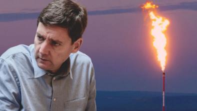 David Eby's photo on top of a photo of a flare stack.