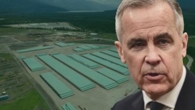 A photo of Carney superimposed over a megaproject. End of image description.