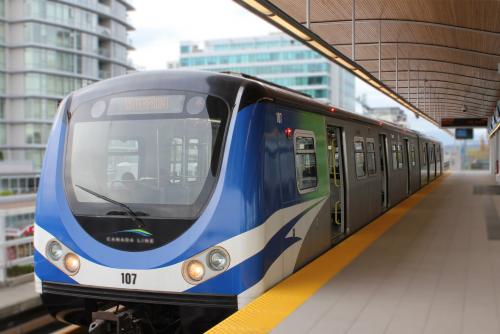 Front view of a SkyTrain car at a station in Vancouver