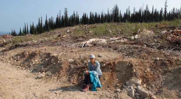 Charlotte Dawe in recently logged caribou habitat near Wells Gray Provincial Park