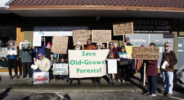 Approximately 25 people stood outside MLA Ronna-Rae Leonard’s office earlier this year, asking government to impose a moratorium on old-growth forest logging. Photo by Jolene Rudisuela