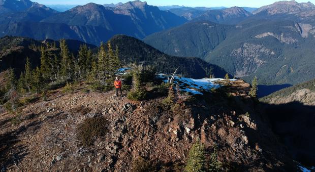 Hiker on Silverdaisy Peak, Skagit Headwaters Donut Hole. Wilderness Committee photo.