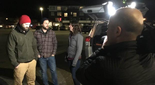 Torrance Coste, Mark Worthing and Emily Hoffpauir talk to media after the Campbell River forests talk was cancelled by the City