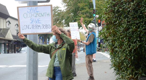 Protesters held placards to send messages to passing motorists during the protest Friday. Photo by Mike Chouinard