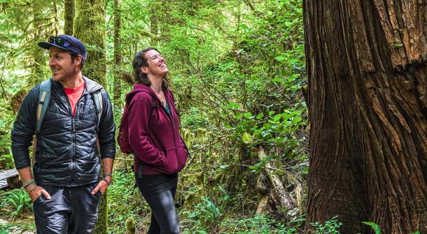 Torrance Coste and Emily Hoffpauir, campaigners with the Wilderness Committee near Carmanah Walbran Provincial Park on Vancouver Island. They are part of a new wave of old-growth forest defenders in BC. Photo by Serena Renner.