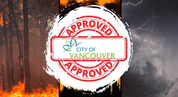 Triptych of wildfire and storms, with a central graphic of an "Approved" stamp and the City of Vancouver's logo in the centre.