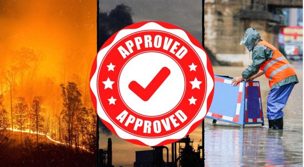 A triptych with wildfire, fossil fuel pollution, and someone dealing with a flood. Overtop in the centre a big red APPROVED seal
