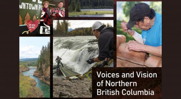 A collage showing an Indigenous person carving, people fishing, moose drinking at a river shore, and people at local shops in Prince George