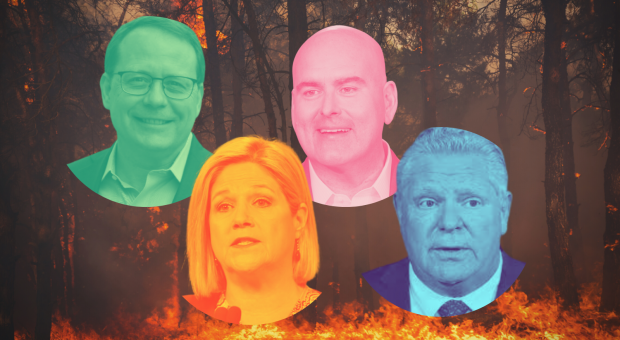 All 4 party leaders in the Ontario election on a backdrop of wildfire